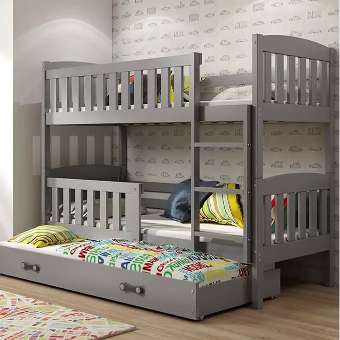 KUBUŚ 3 asmenų jaunimo lova 90X200 su stalčiumi, grafito spalvos