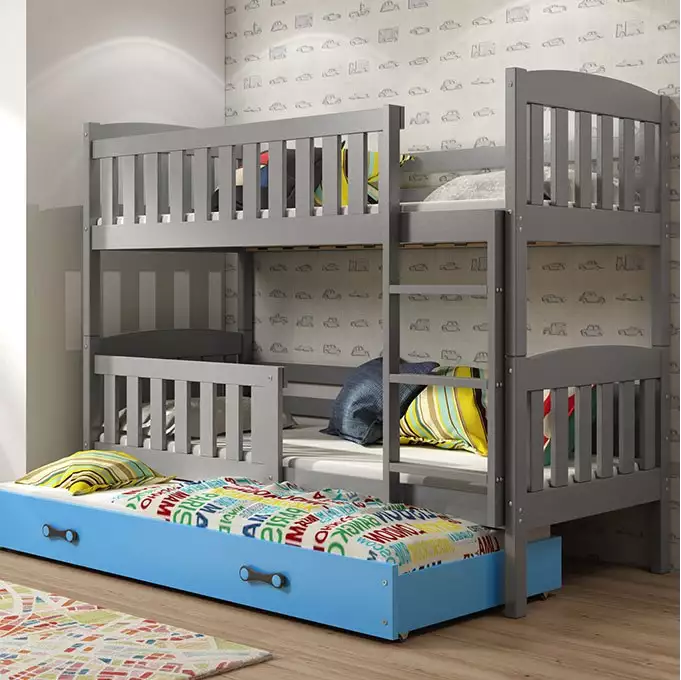 KUBUŚ 3 asmenų jaunimo lova 90x200 su stalčiumi, grafito/mėlyna