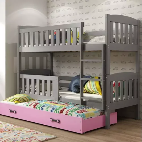 KUBUŚ 3 asmenų jaunimo lova 90×200 su stalčiumi, grafito/rožinė