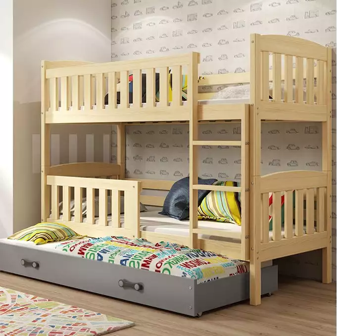 KUBUŚ 90X200 trijų asmenų jaunimo lova su čiužiniu ir stalčiumi, pušis/grafitas