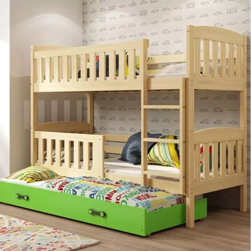 KUBUŚ trijų asmenų jaunimo lova 90X190 su čiužiniu ir stalčiumi, pušis/žalia