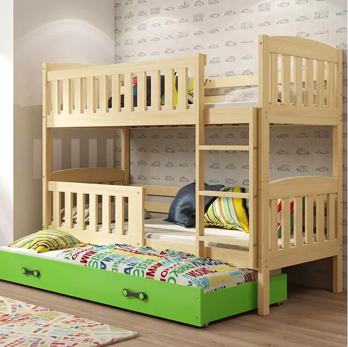 KUBUŚ 3 asmenų jaunimo lova 90x200 su čiužiniu ir stalčiumi, pušis/žalia