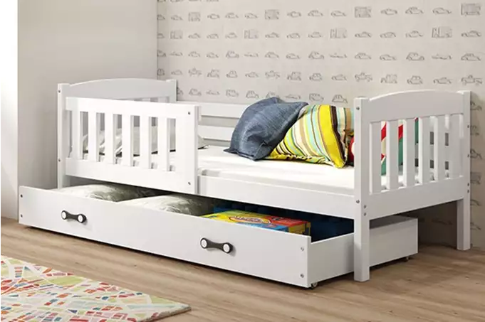 KUBUŚ viengulė jaunimo lova 90x190 su stalčiumi, balta