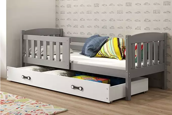 KUBUŚ viengulė jaunimo lova 90x200 su čiužiniu ir stalčiumi, grafito spalvos/balta