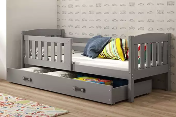 KUBUŚ viengulė jaunimo lova 90X190 su čiužiniu ir stalčiumi, grafito spalvos