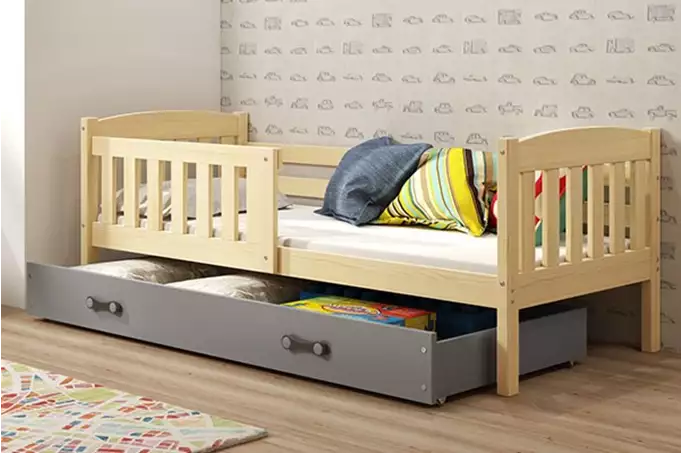 KUBUŚ viengulė jaunimo lova 80x190 su stalčiumi, pušis/grafitas