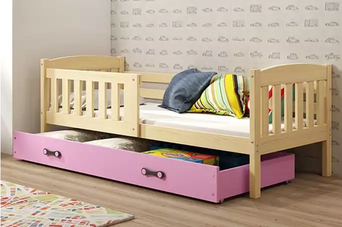 KUBUŚ jaunimo viengulė lova 80x190 su čiužiniu ir stalčiumi, pušis/rožinė
