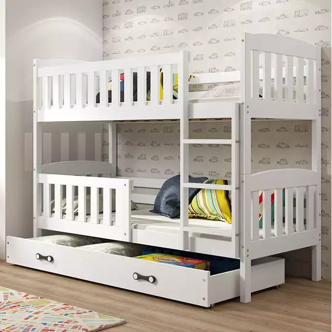 KUBUŚ jaunimo dviaukštė lova 90x190 su čiužiniu ir stalčiumi, balta