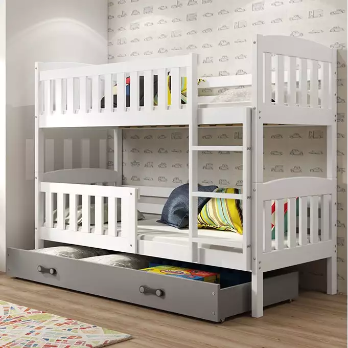 KUBUŚ jaunimo dviaukštė lova 90x200 su čiužiniu ir stalčiumi, balta/grafito spalvos