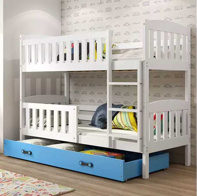 KUBUŚ jaunimo dviaukštė lova 90x200 su čiužiniu ir stalčiumi, balta/mėlyna