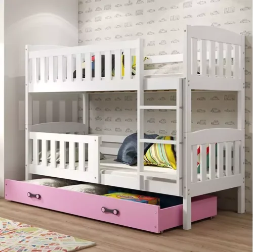 KUBUŚ jaunimo dviaukštė lova 90×190 su čiužiniu ir stalčiumi, balta/rožinė