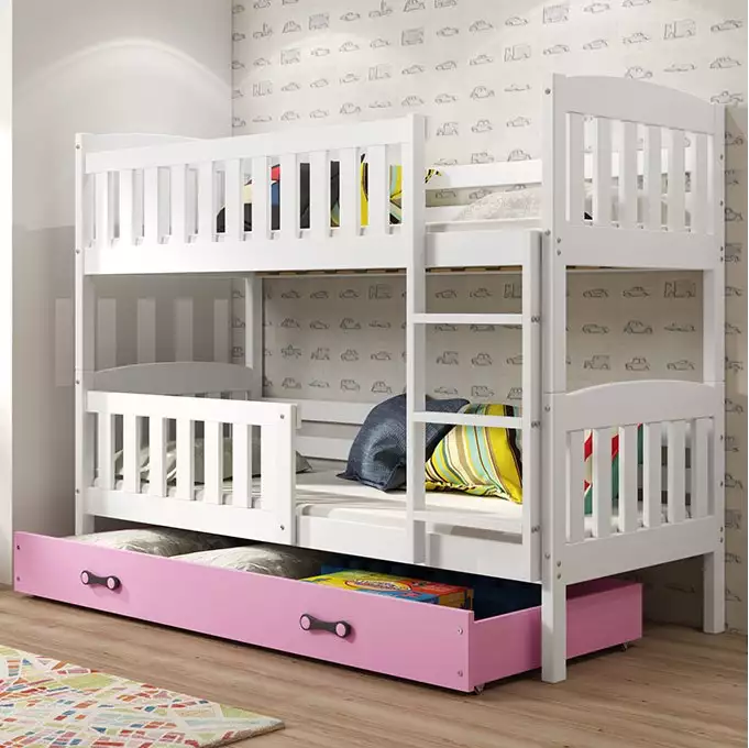 KUBUŚ jaunimo dviaukštė lova 90x190 su čiužiniu ir stalčiumi, balta/rožinė