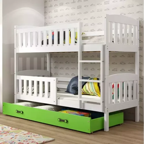 KUBUŚ jaunimo dviaukštė lova 90×200 su stalčiumi, balta/žalia