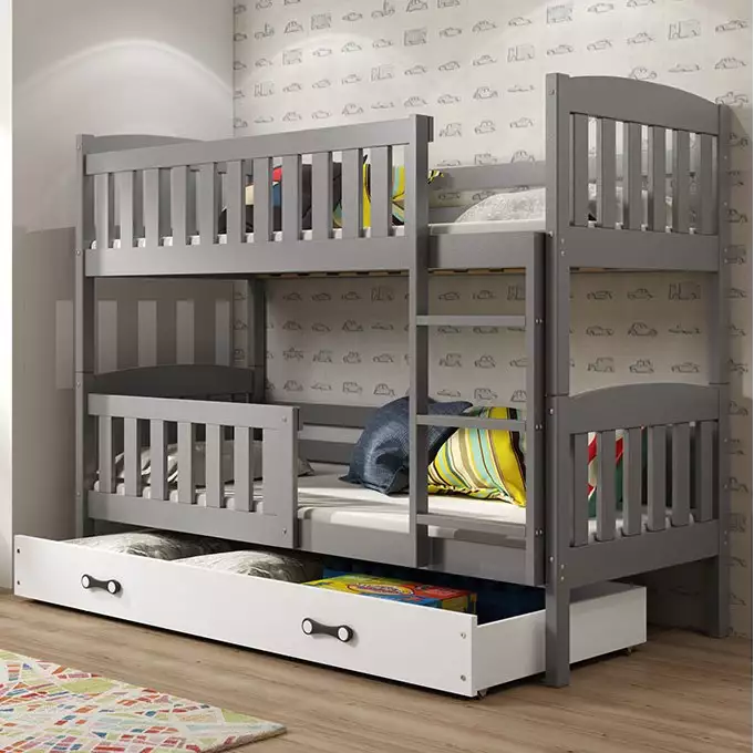 KUBUŚ jaunimo dviaukštė lova 90x200 su čiužiniu ir stalčiumi, grafito spalvos/balta