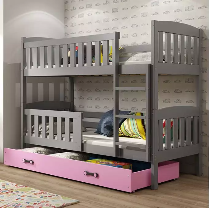 KUBUŚ jaunimo dviaukštė lova 90x190 su stalčiumi, grafito/rožinė