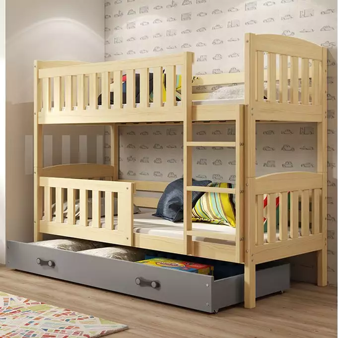 KUBUŚ jaunimo dviaukštė lova 90x200 su stalčiumi, pušis/grafitas