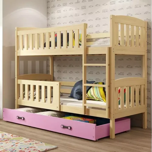 KUBUŚ jaunimo dviaukštė lova 90×200 su stalčiumi, pušis/rožinė