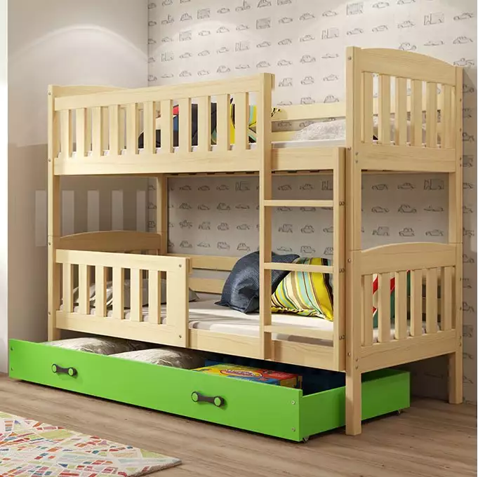 KUBUŚ jaunimo dviaukštė lova 90x190 su stalčiumi, pušis/žalia