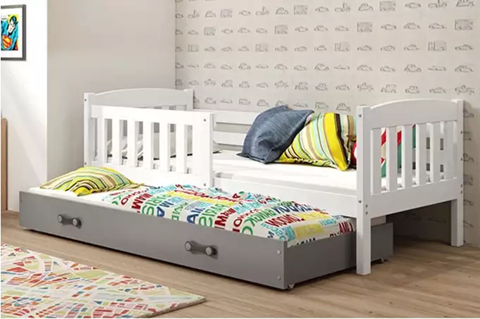 KUBUŚ jaunimo išskleidžiama lova 90x190 su čiužiniu ir stalčiumi, balta/grafito spalvos