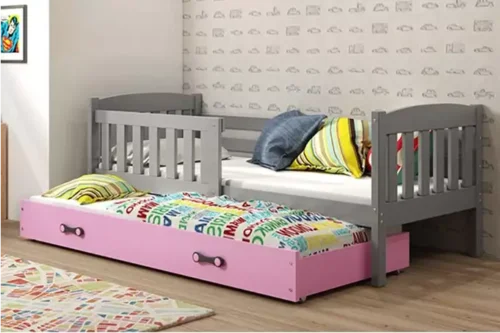 KUBUŚ jaunimo išskleidžiama lova 90×200 su čiužiniu ir stalčiumi, grafito/rožinė