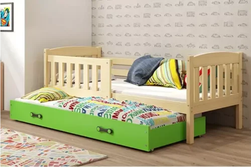 KUBUŚ jaunimo išskleidžiama lova 90×200 su stalčiumi, pušis/žalia