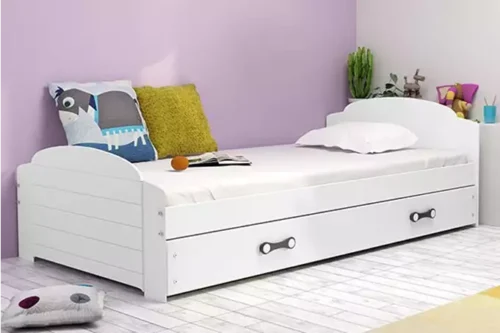 LILI viengulė jaunimo lova 90×200 su čiužiniu ir stalčiumi, balta