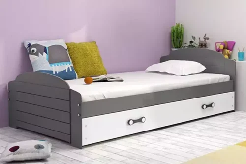 LILI viengulė jaunimo lova 90×200 su čiužiniu ir stalčiumi, grafito spalvos/balta