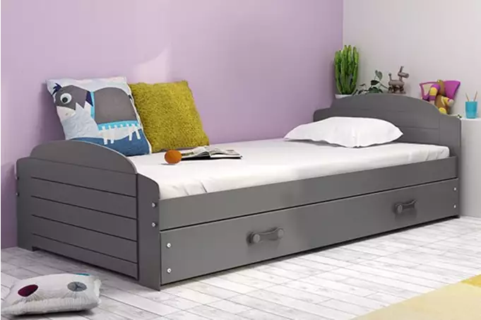 LILI viengulė jaunimo lova 90x200 su čiužiniu ir stalčiumi, grafito spalvos