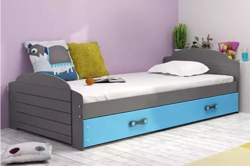 LILI viengulė jaunimo lova 90×200 su čiužiniu ir stalčiumi, grafito/mėlyna