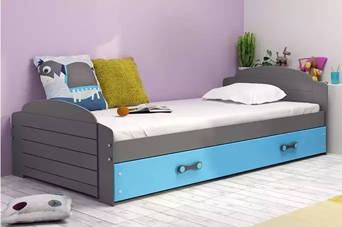 LILI viengulė jaunimo lova 90x200 su čiužiniu ir stalčiumi, grafito/mėlyna