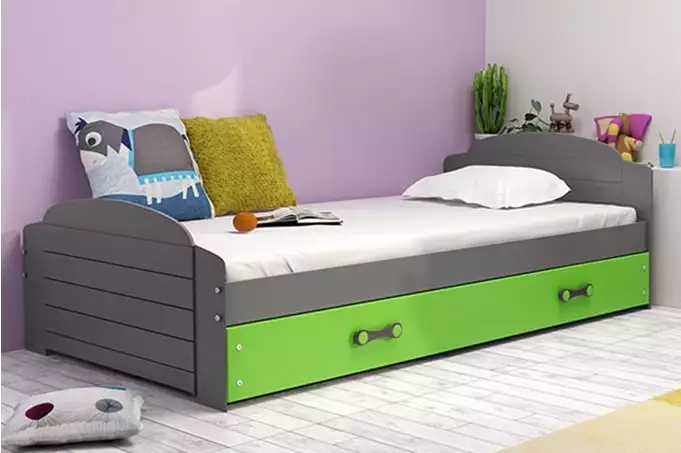 LILI viengulė jaunimo lova 90x200 su čiužiniu ir stalčiumi, grafito/žalia