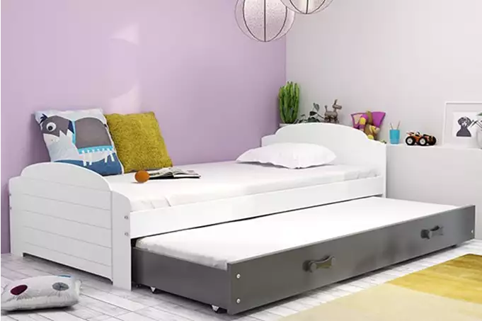 LILI 90X200 jaunimo išskleidžiama lova su čiužiniu ir stalčiumi, balta/grafito spalvos
