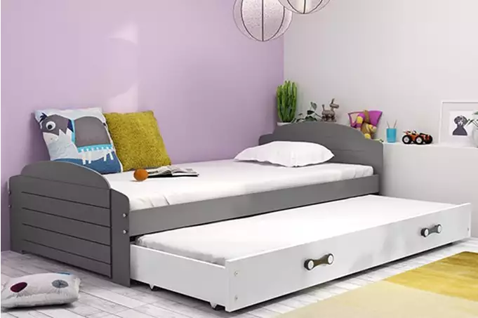LILI 90X200 jaunimo išskleidžiama lova su čiužiniu ir stalčiumi, grafito/balta