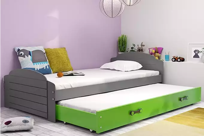 LILI 90X200 jaunimo išskleidžiama lova su čiužiniu ir stalčiumi, grafito/žalia