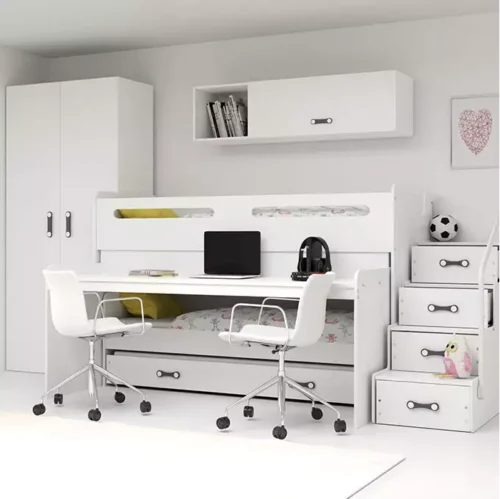 MAX 1 80X200 trijų asmenų jaunimo lova su čiužiniu ir stalu, balta