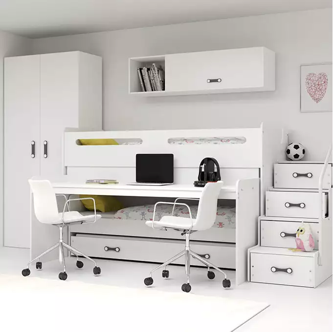 MAX 1 80X200 trijų asmenų jaunimo lova su stalu, balta