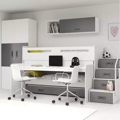 MAX 1 80X200 trivietė jaunimo lova su čiužiniu ir stalu, grafito spalvos