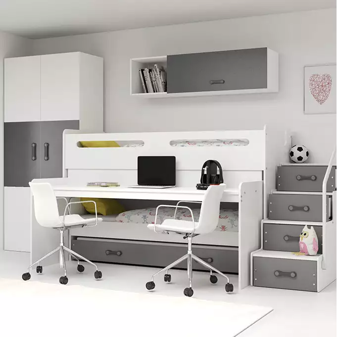 MAX 1 80X200 trivietė jaunimo lova su čiužiniu ir stalu, grafito spalvos