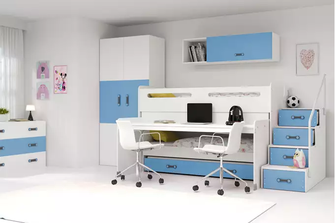 MAX 1 80X200 trijų asmenų jaunimo lova su stalu, mėlyna