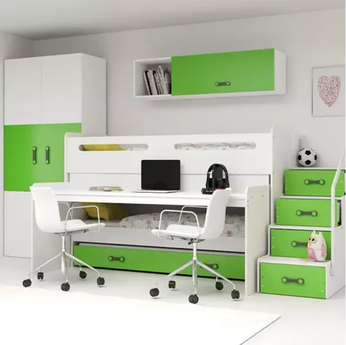 MAX 1 80X200 trijų asmenų jaunimo lova su stalu, žalia