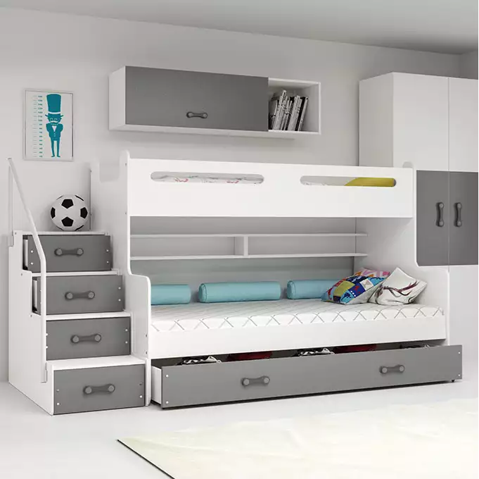 MAX 3 jaunimo dviaukštė lova 120x200 su čiužiniu ir stalčiumi, grafito spalvos