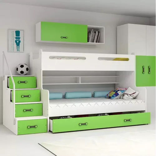 MAX 3 jaunimo dviaukštė lova 120×200 su stalčiumi, žalia