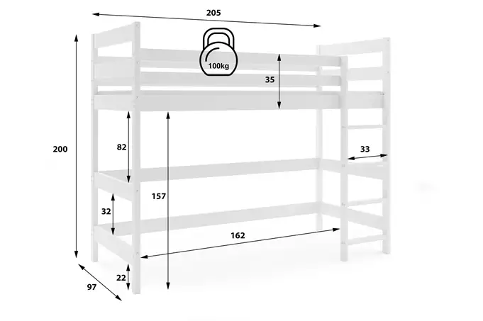 Dviaukštė lova jaunimui, antresolė, 90x200, balta — изображение 2