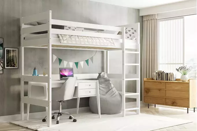 Dviaukštė lova jaunimui, antresolė, 90x200, balta