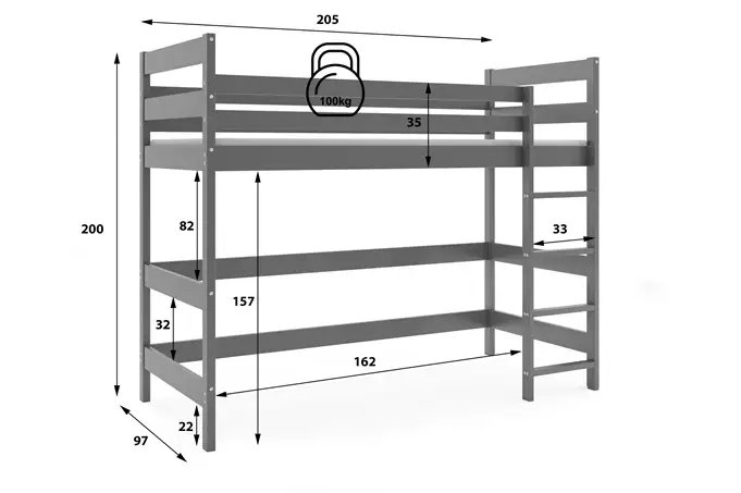 Dviaukštė lova jaunimui, antresolė, 90x200, su čiužiniu, grafito spalvos — изображение 2