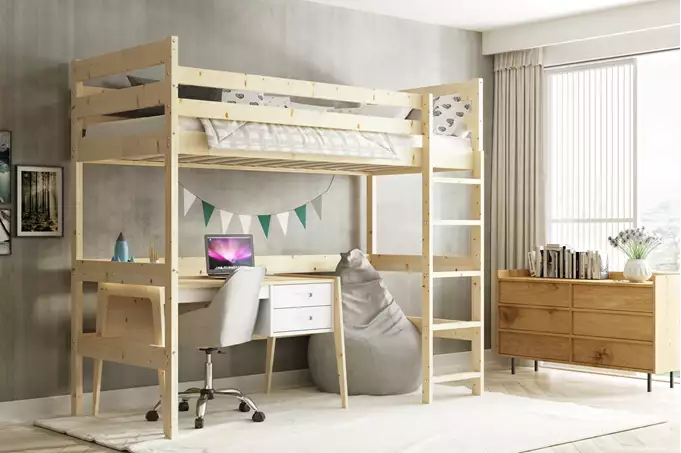 Dviaukštė lova jaunimui antresolėje 90x200, su čiužiniu, natūrali mediena