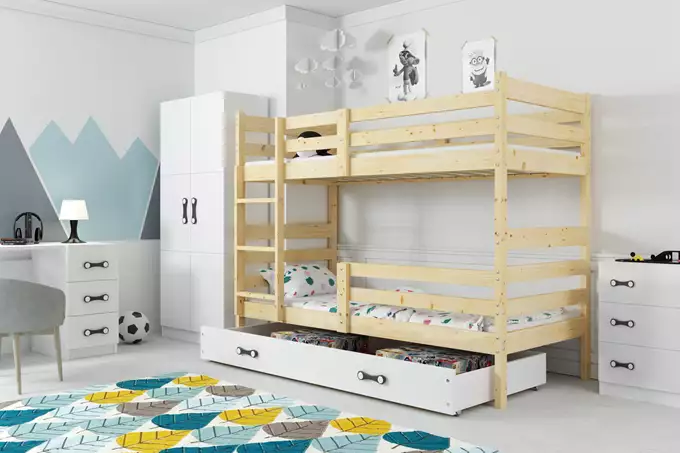 ERYK 90X190 jaunimo dviaukštė lova su čiužiniu ir stalčiumi, natūrali mediena