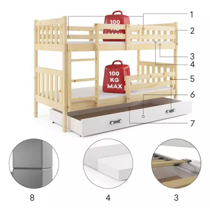 KACPER 90x200 jaunimo dviaukštė lova su stalčiumi, pušis/balta