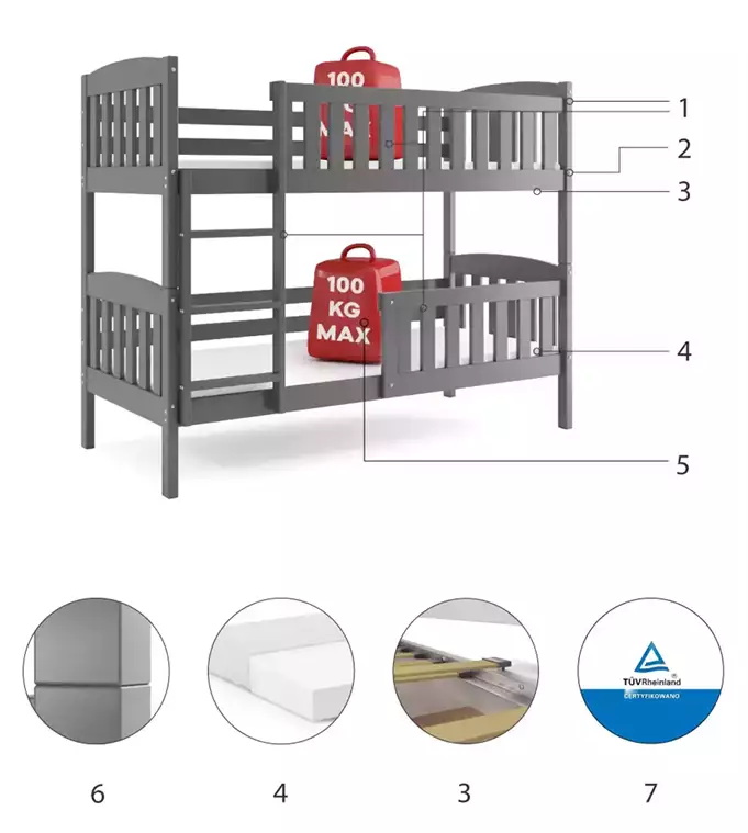 KUBUŚ jaunimo dviaukštė lova 90X190, grafito spalvos - Paveikslėlis 6