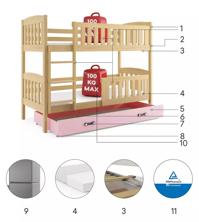 KUBUŚ jaunimo dviaukštė lova 90x190 su čiužiniu ir stalčiumi, pušis/rožinė - Paveikslėlis 6